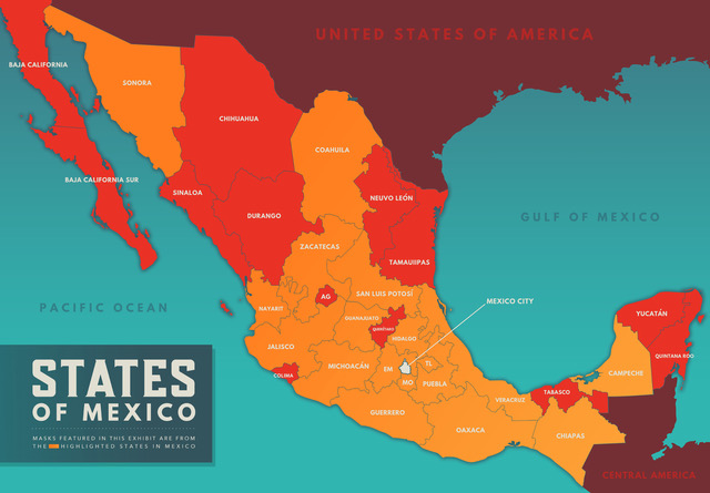 Masks featured in this exhibit are from 19 states highlighted in orange on this map.